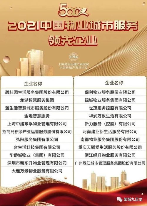 九巨龍物業榮膺物業服務企業綜合實力500強
